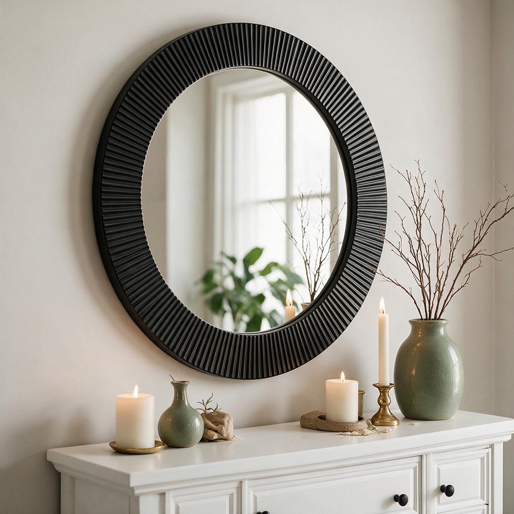 Specchio Decorativo Rotondo MR6043 da Parete 51x51 cm con Cornice Plissettata Nera