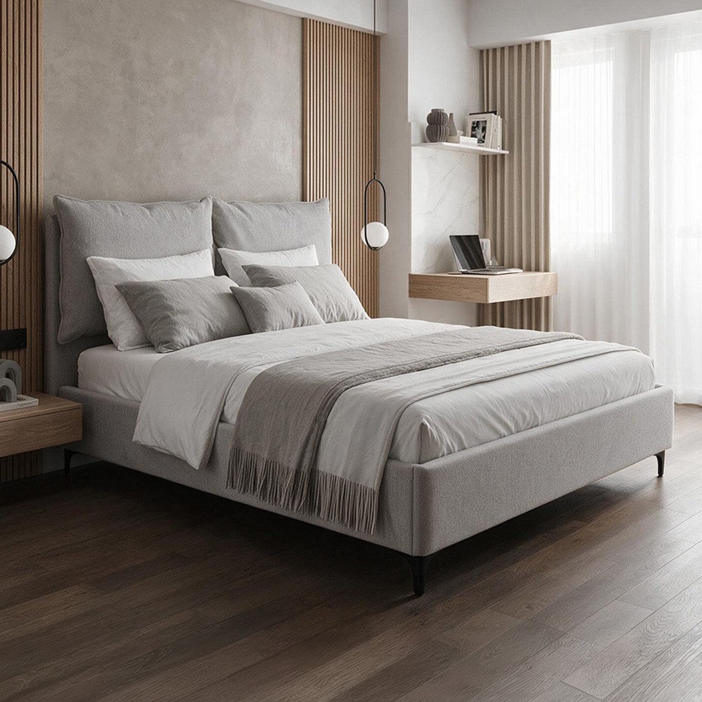Letto Matrimoniale Vogue con Contenitore in Tessuto Grigio Chiaro – Eleganza e Comfort con Cuscini Imbottiti