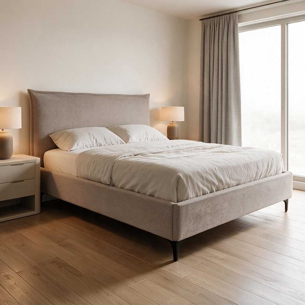 Letto Matrimoniale Line con Contenitore in Tessuto Tortora – Stile Moderno e Praticità Salvaspazio