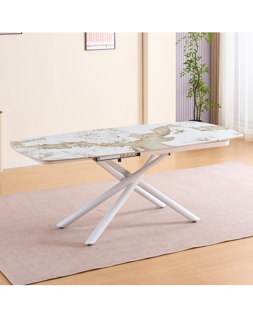 Tavolo girevole allungabile piano ceramica effetto marmo arabesque bianco lucido Astrid 140x90x76H