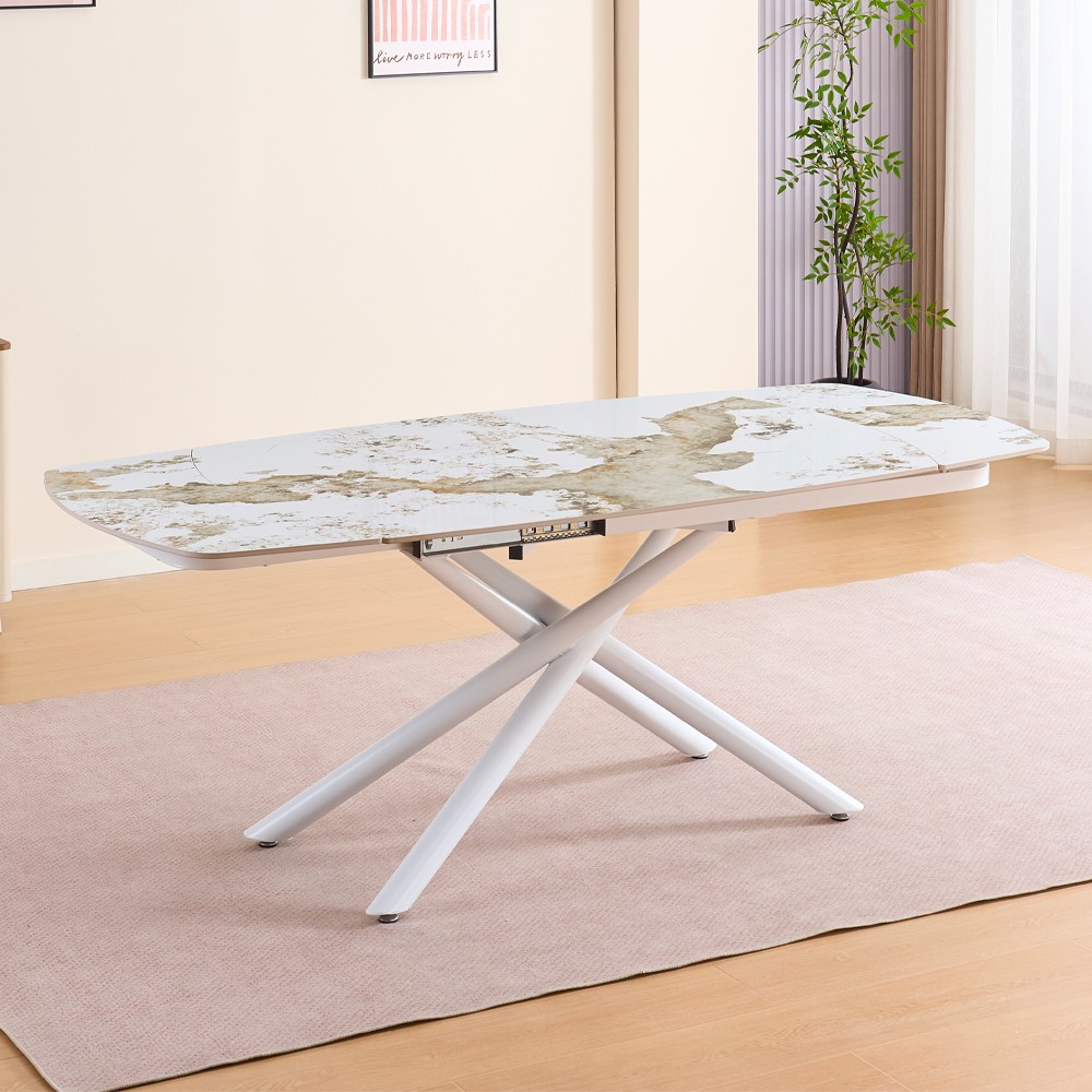 Tavolo girevole allungabile piano ceramica effetto marmo arabesque bianco lucido Astrid 140x90x76H