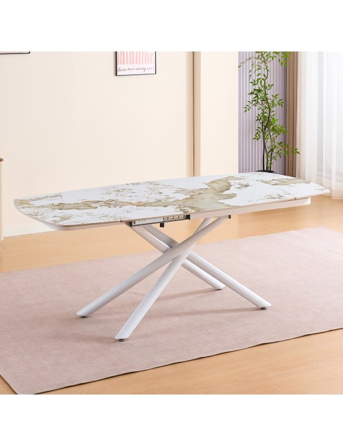 Tavolo girevole allungabile piano ceramica effetto marmo arabesque bianco lucido Astrid 140x90x76H