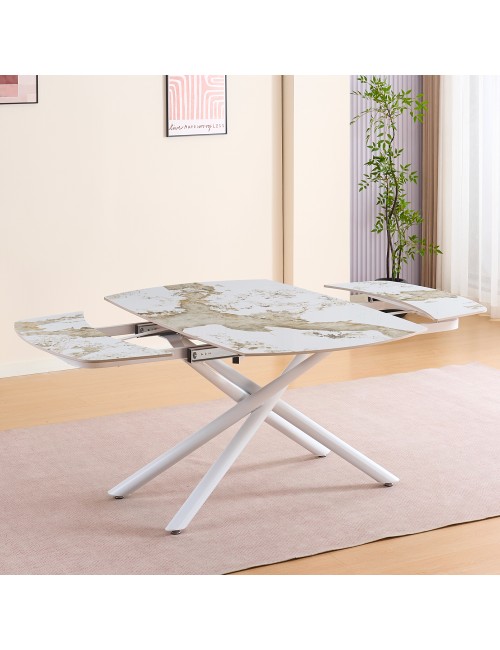 Tavolo girevole allungabile piano ceramica effetto marmo arabesque bianco lucido Astrid 140x90x76H