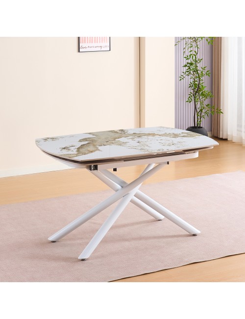 Tavolo girevole allungabile piano ceramica effetto marmo arabesque bianco lucido Astrid 140x90x76H