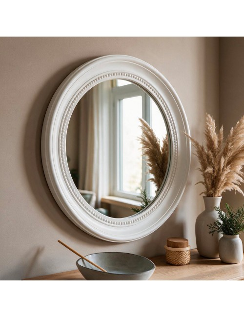 Specchio Decorativo Rotondo MR512 da Parete 45x45 cm Bianco con Bordo Interno Perlinato