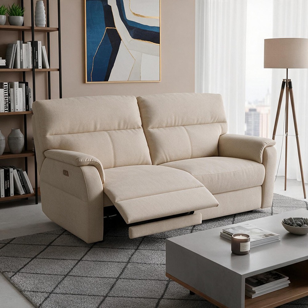 Divano Relax 3 Posti Alice con 2 Recliner Elettrici in Tessuto Idrorepellente Beige