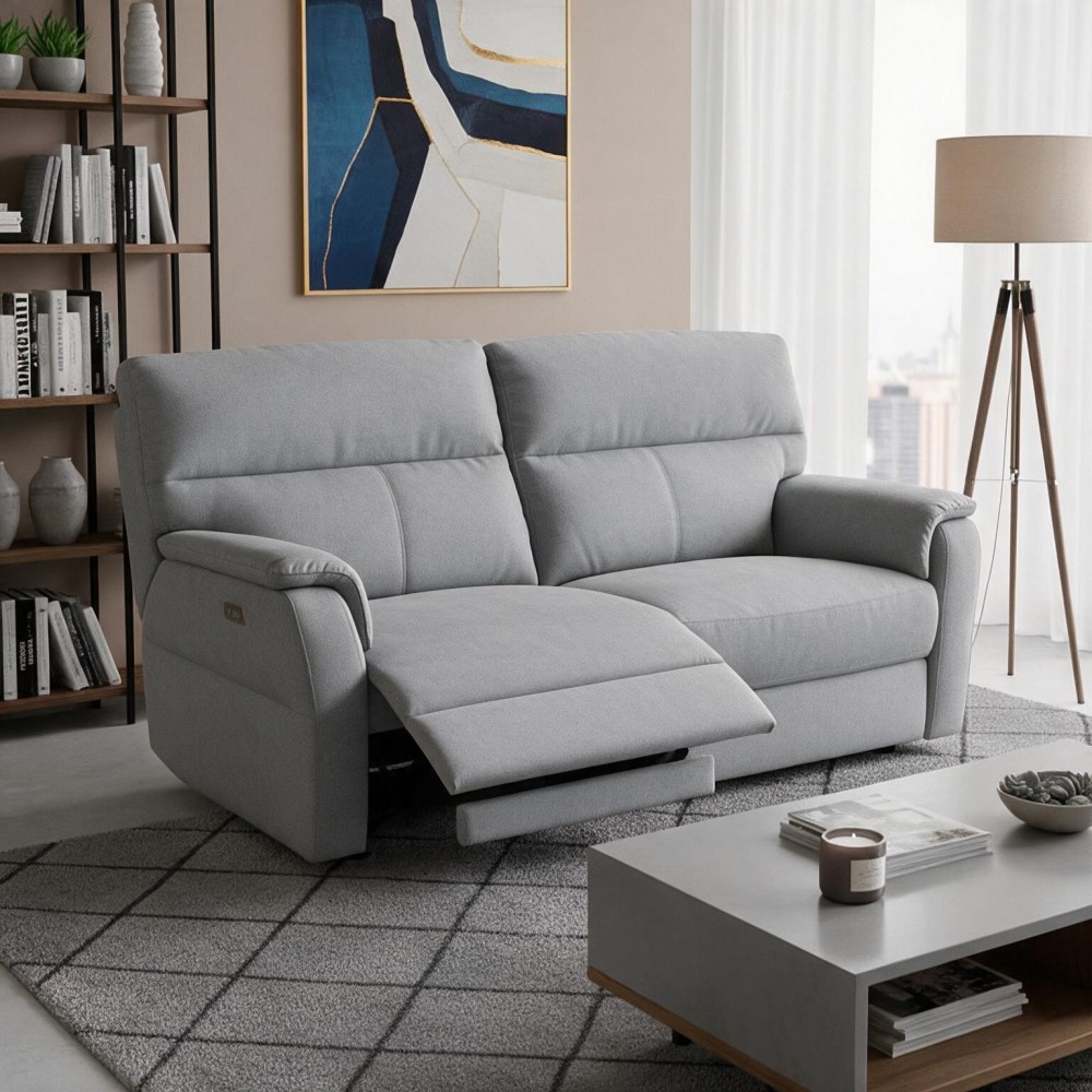 Divano Relax 3 Posti Alice con 2 Recliner Elettrici in Tessuto Idrorepellente Grigio