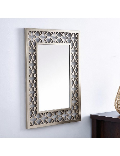 Specchio Decorativo Rettangolare MRHW8903 da Parete 48x67 cm Champagne con Cornice Traforata a Quadrifoglio