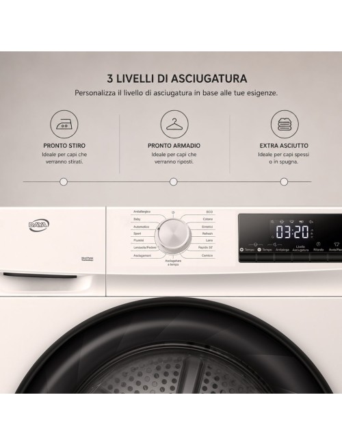Asciugatrice Daya DHTD9PD 9 kg pompa di calore con rotazione bidirezionale e sensore umidità bianco classe D