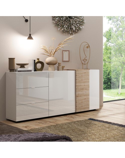 Madia 2 ante 3 cassetti Sabry colore bianco lucido rovere Kadiz