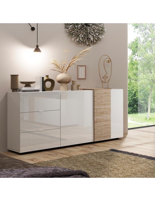 Madia 2 Ante 3 Cassetti Sabry Colore Bianco Lucido Rovere Kadiz