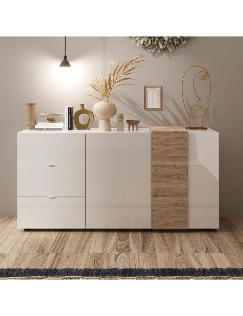 Madia 2 Ante 3 Cassetti Sabry Colore Bianco Lucido Rovere Kadiz