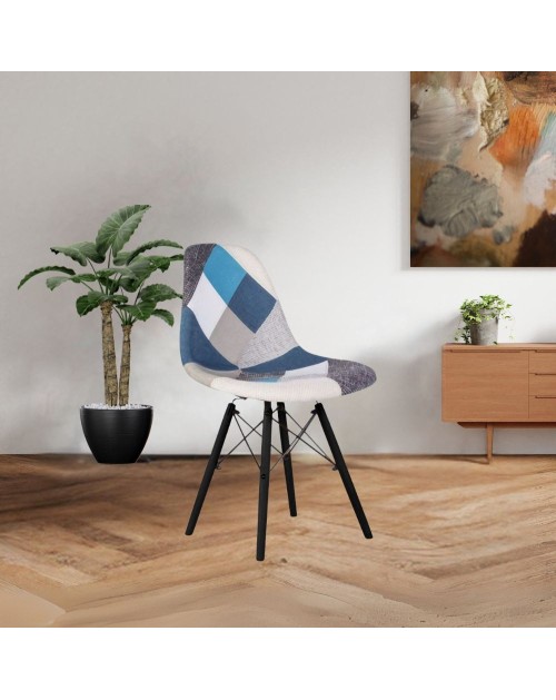 Set 4 sedie tessuto patchwork e gambe legno nero Perdita