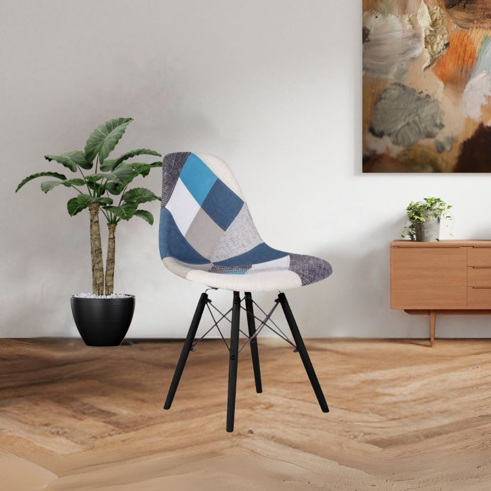 Set 4 sedie tessuto patchwork e gambe legno nero Perdita