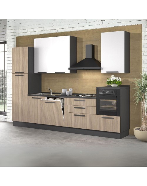 Cucina lineare moderna elettrodomestici inclusi Sinki 330 rovere gordon e bianco