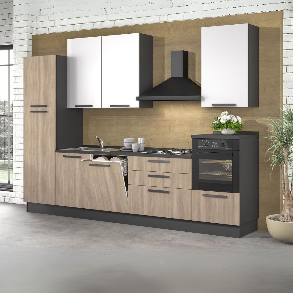 Cucina lineare moderna elettrodomestici inclusi Sinki 330 rovere gordon e bianco