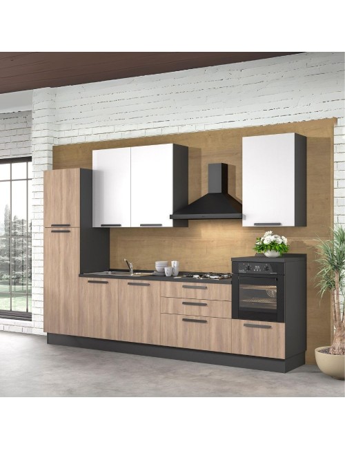 Cucina lineare moderna elettrodomestici inclusi Sinki 330 rovere gordon e bianco