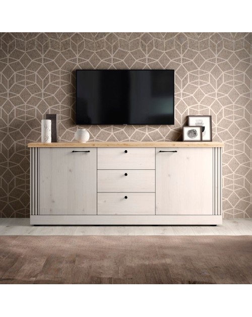 Madia shabby Winchester 2 ante e 3 cassetti colore bianco meringa e rovere Cadiz 211x44x88H