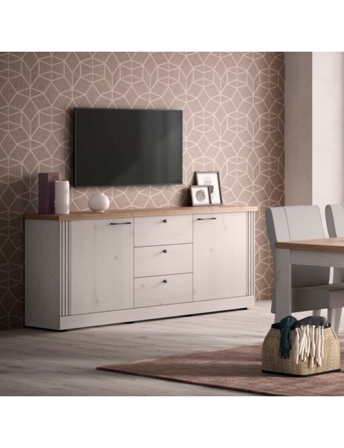 Madia shabby Winchester 2 ante e 3 cassetti colore bianco meringa e rovere Cadiz 211x44x88H