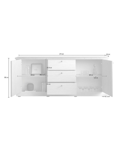 Madia shabby Winchester 2 ante e 3 cassetti colore bianco meringa e rovere Cadiz 211x44x88H