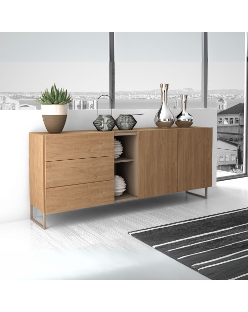 Madia 1055 rovere miele con 3 cassetti 2 ante e vano a giorno tortora 175x38x73.6H