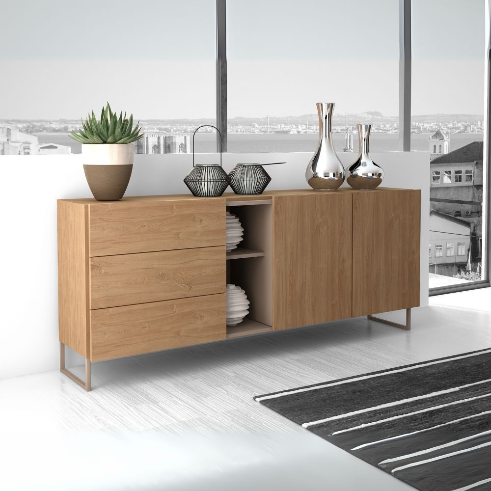 Madia 1055 rovere miele con 3 cassetti 2 ante e vano a giorno tortora 175x38x73.6H