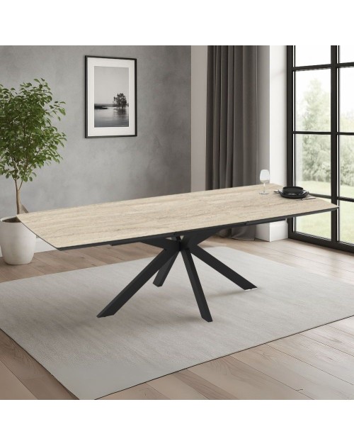 Tavolo allungabile Verano piano effetto marmo travertino beige e base nera 180/240x100x76H