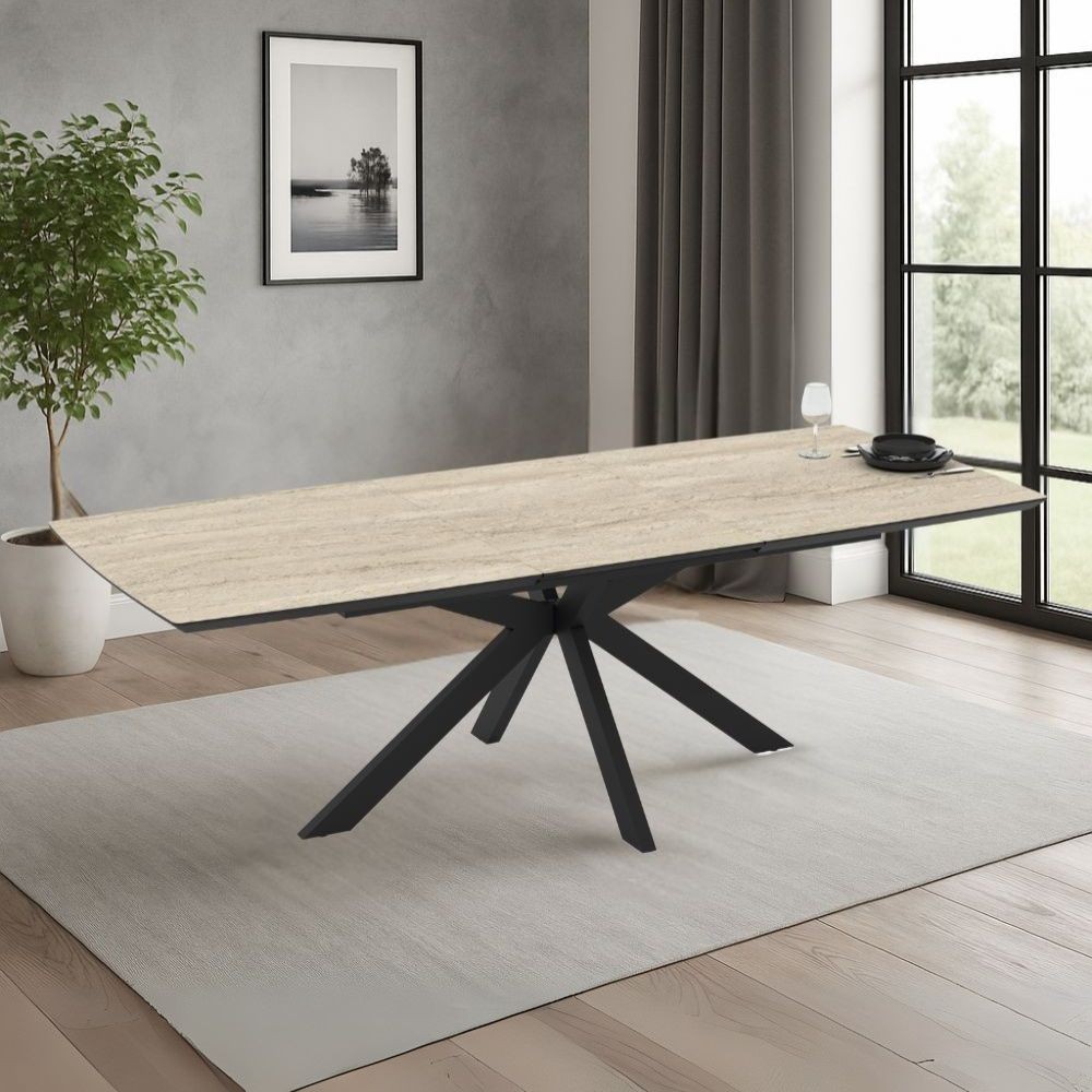 Tavolo allungabile Verano piano effetto marmo travertino beige e base nera 180/240x100x76H