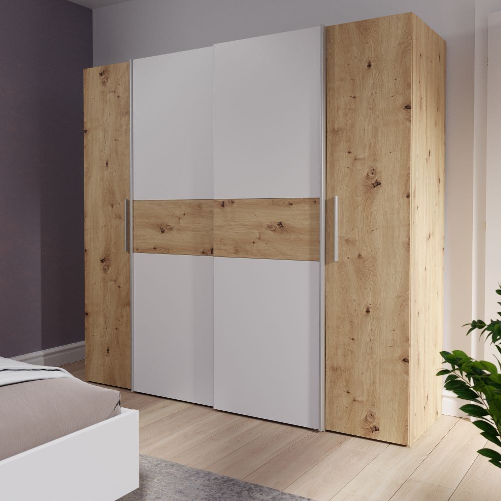 Armadio Teodoro 4 ante rovere e bianco con ante scorrevoli e battenti 200x61x190H