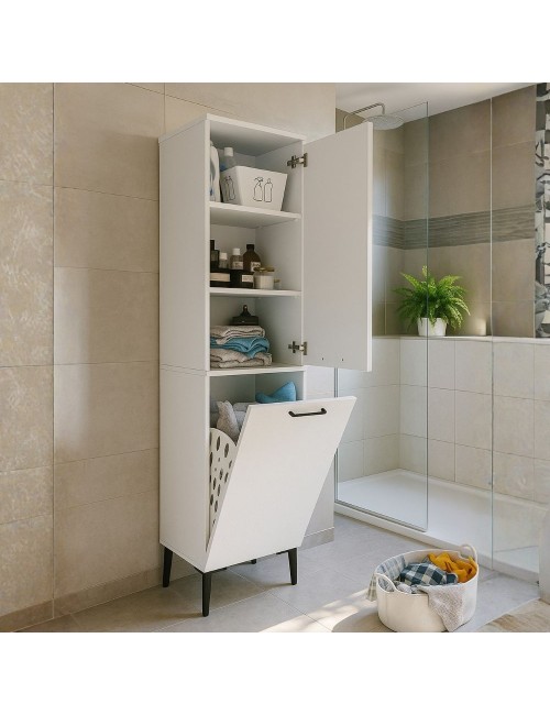 Mobile Multiuso Singa Bianco con Cesto Porta Biancheria e Ripiani – 180 cm