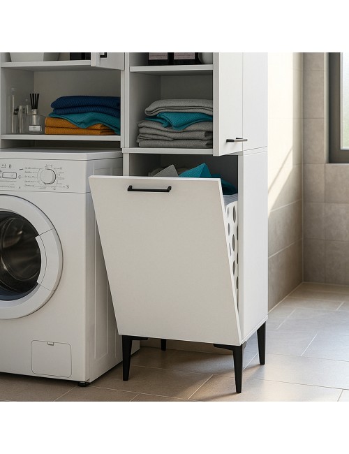 Mobile Multiuso Singa Bianco con Cesto Porta Biancheria e Ripiani – 180 cm