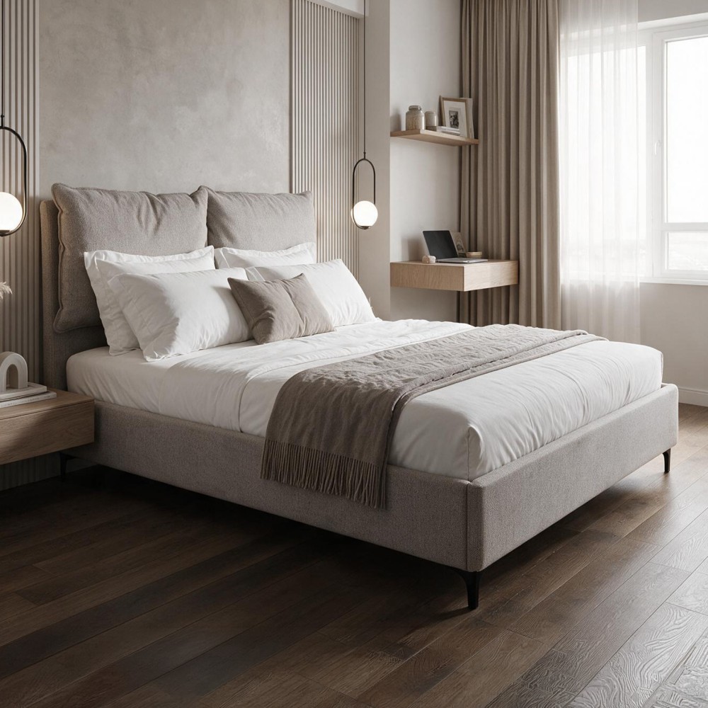 Letto Matrimoniale Vogue con Contenitore in Tessuto Tortora – Eleganza e Comfort con Cuscini Imbottiti