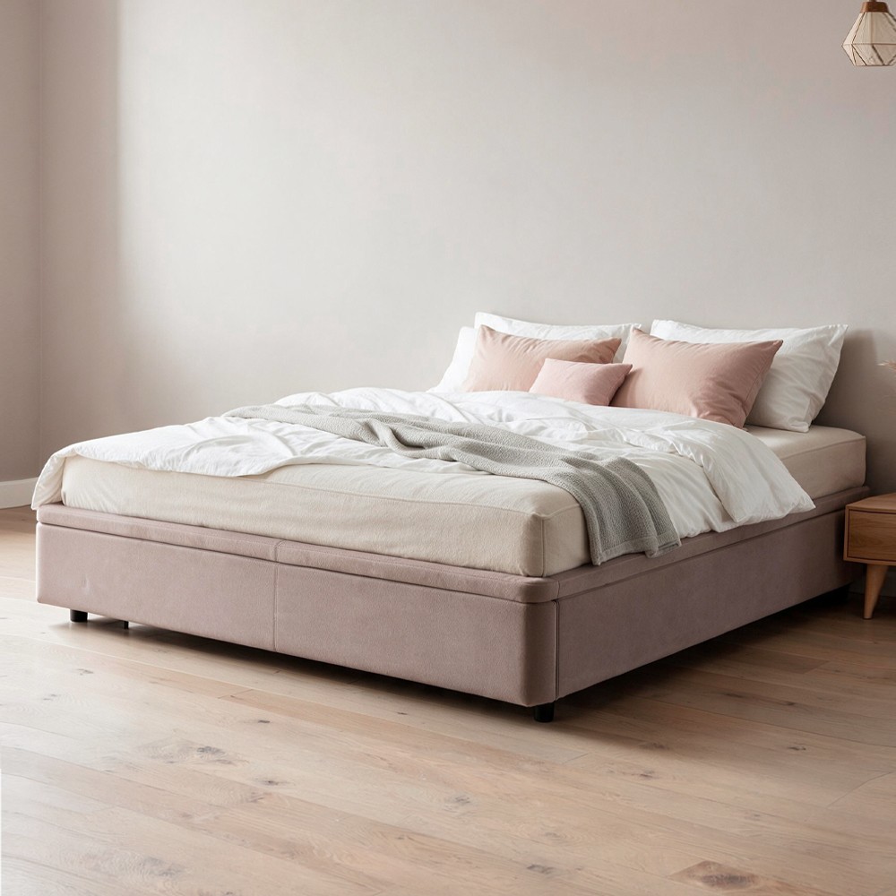 Letto Matrimoniale Sommier 180x200 con Contenitore in Tessuto Tortora – Design Essenziale e Salvaspazio
