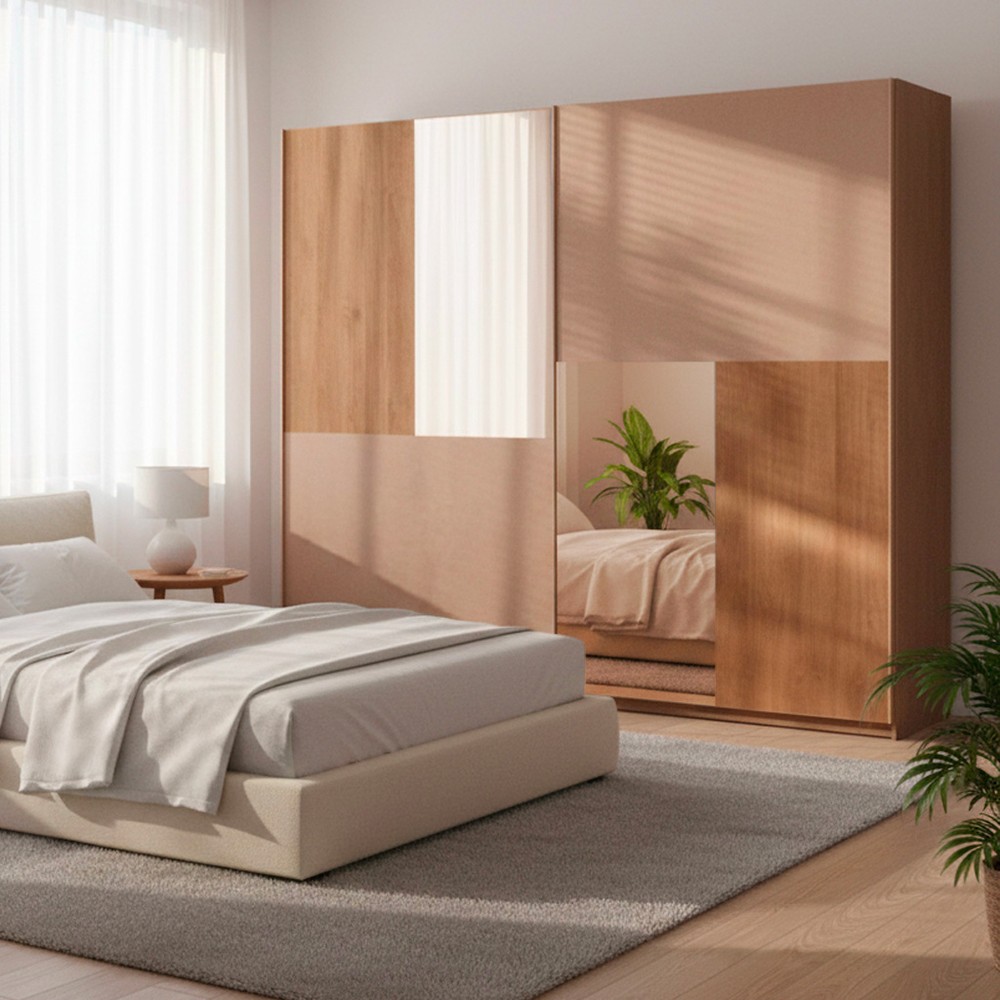 Armadio 2 ante scorrevoli con specchi Quinn 275x59x240h colore bronzo e noce mercure