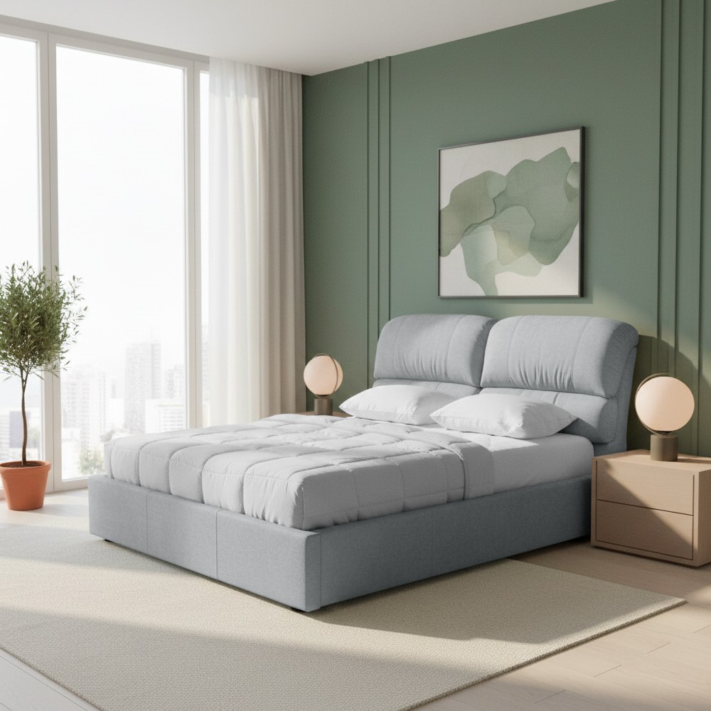 Letto matrimoniale contenitore Sofaback in tessuto grigio chiaro 178x222x120H