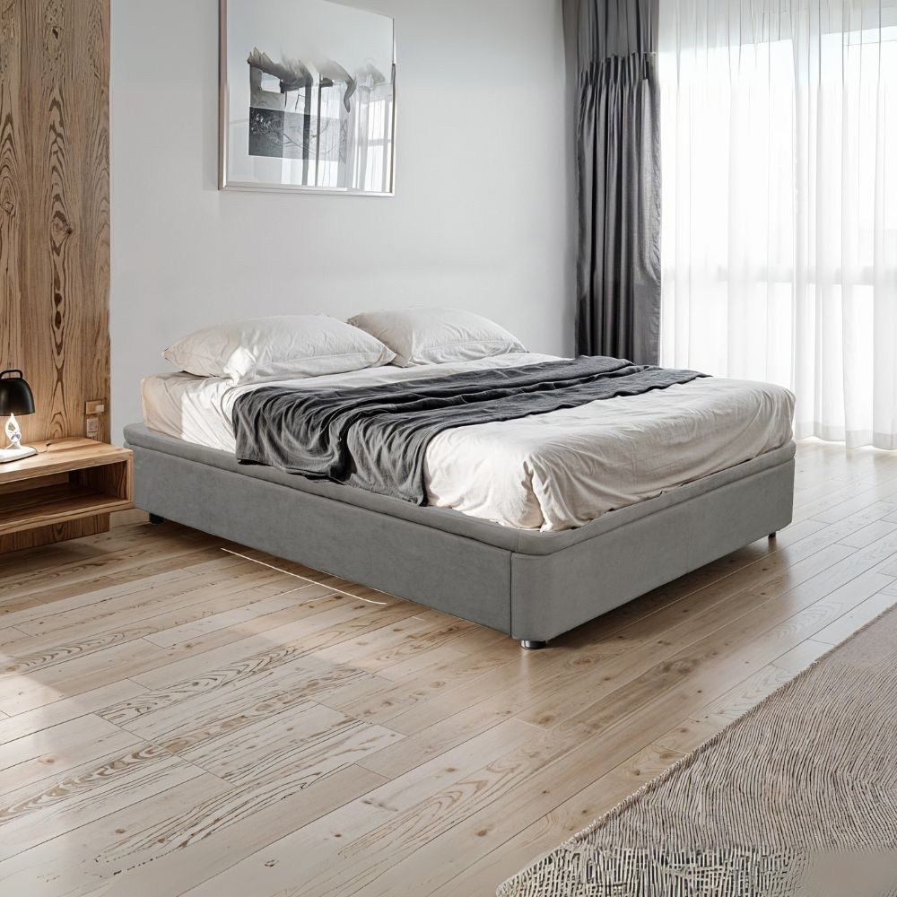 Letto matrimoniale Sommier con contenitore in tessuto grigio 162x192x39H – Praticità compatta