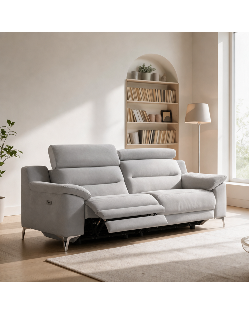 Divano Egeo 3 Posti con 2 Recliner Elettrici in Tessuto Grigio 214x97x96 – Comfort e Design Moderno