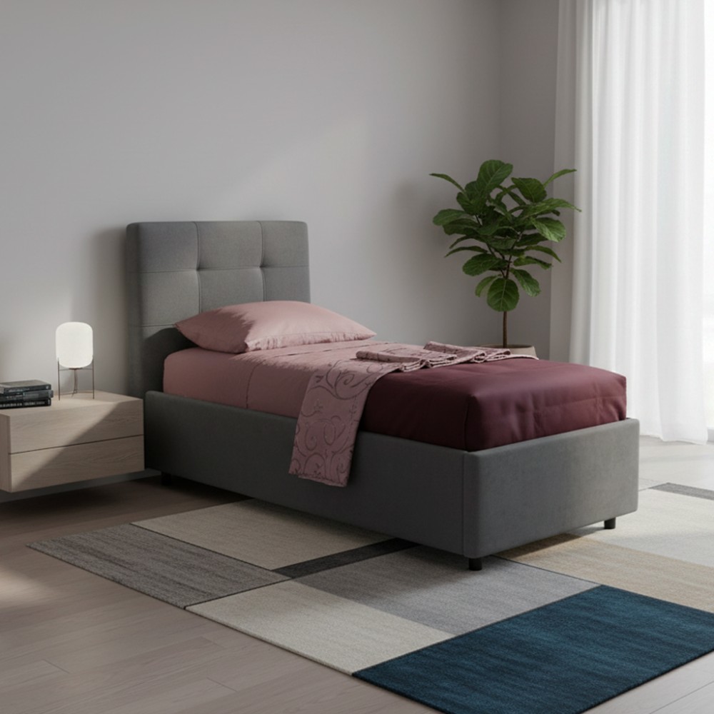Letto singolo con contenitore Ascoli 80x190 tessuto colore ash grigio