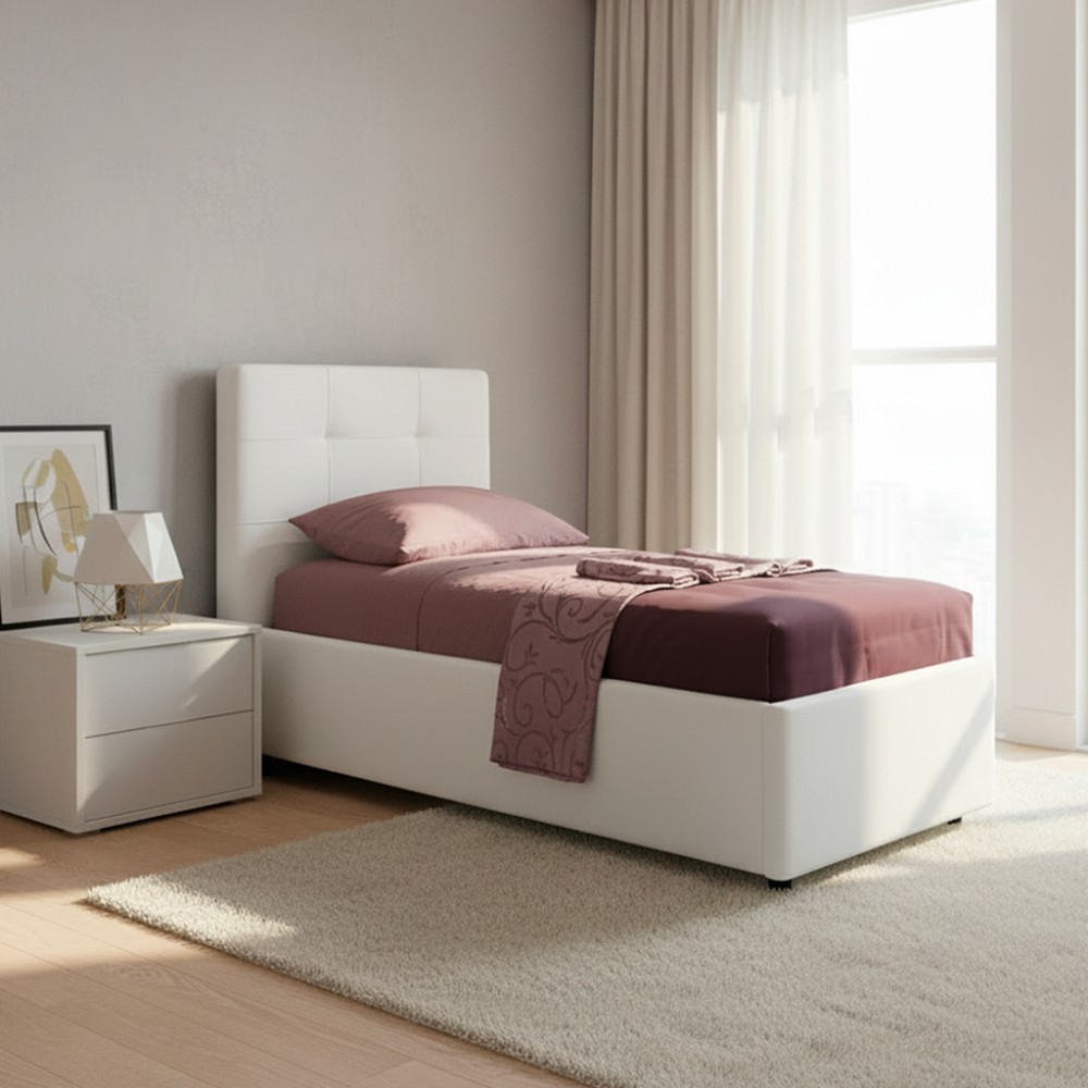 Letto singolo con contenitore Ascoli 80x190 ecopelle colore bianco