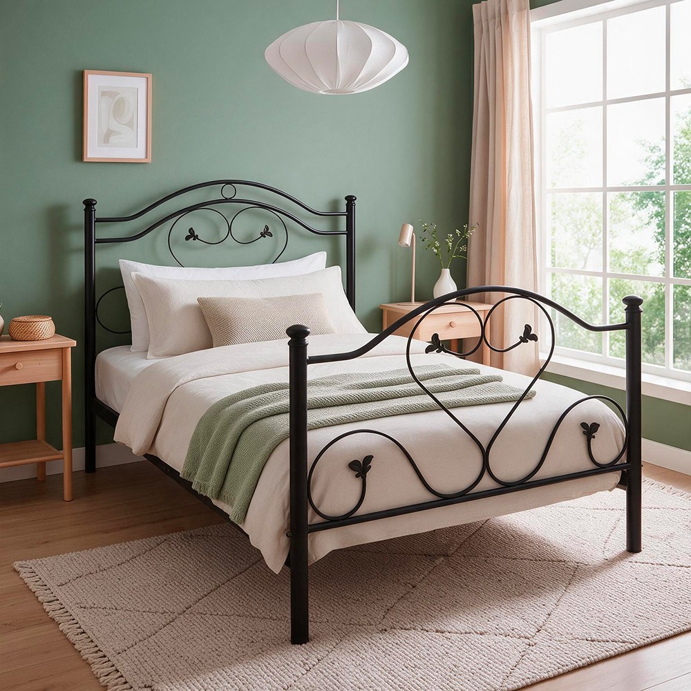 Letto una piazza e mezza in Ferro Battuto Cuore Nero Made in Italy