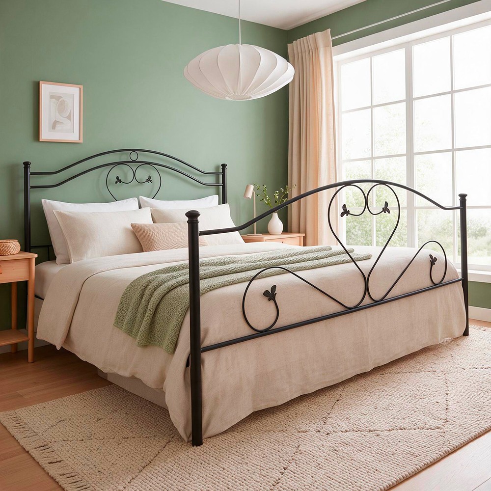 Letto Matrimoniale in Ferro Battuto Cuore Nero Made in Italy