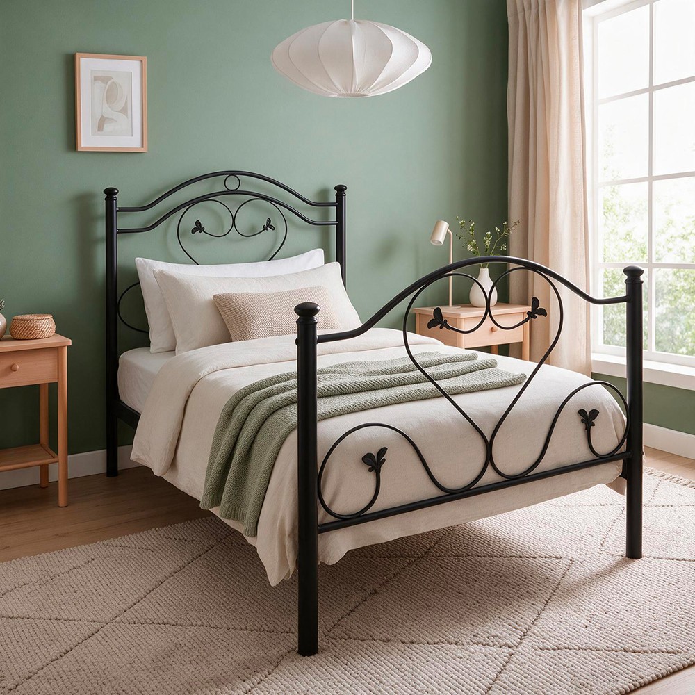 Letto singolo in Ferro Battuto Cuore Nero Made in Italy