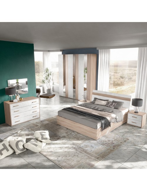 Camera da Letto Completa Isabella02 Letto Contenitore e Armadio 6 Ante con Specchi Noce Chiaro e Bianco Spatolato