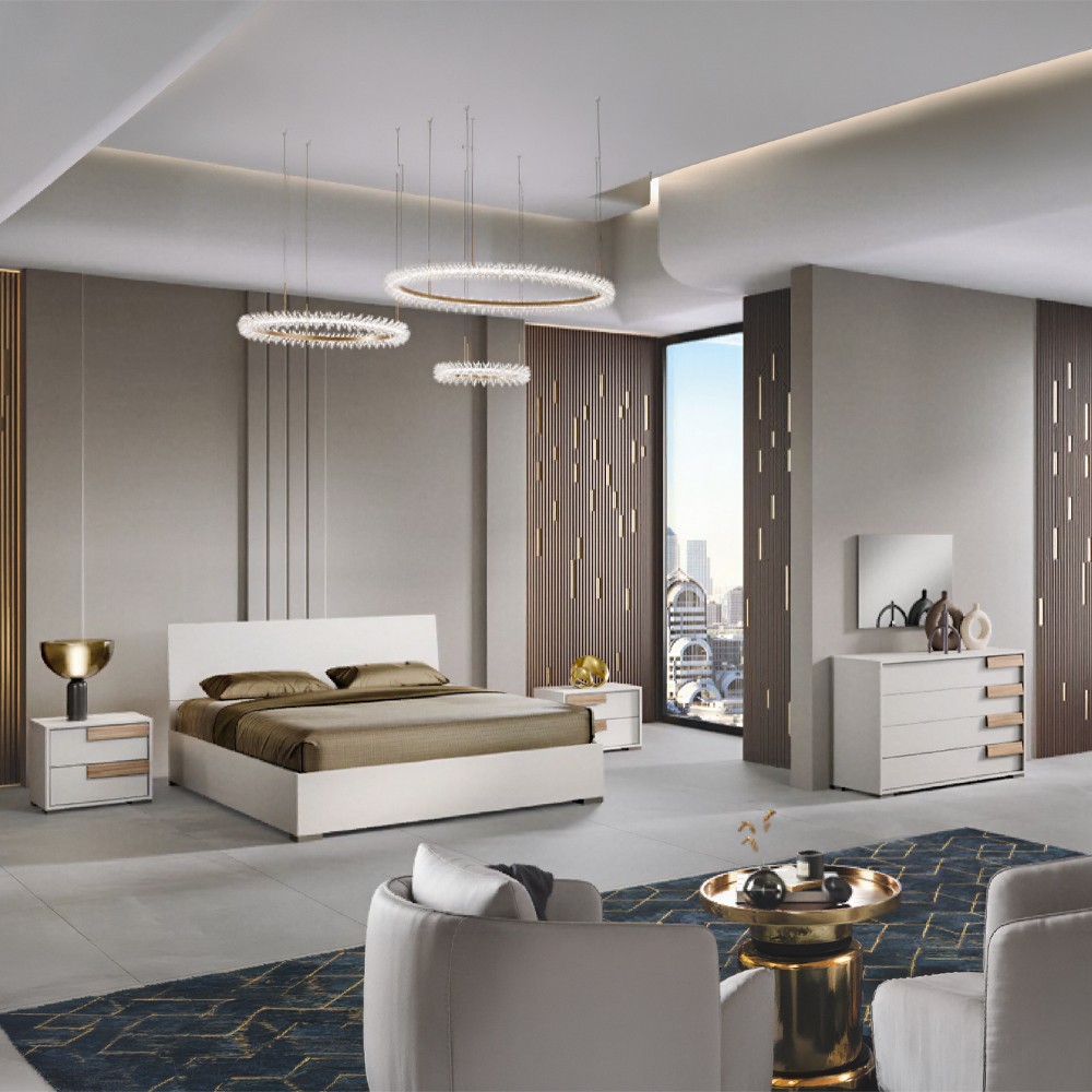 Camera da Letto Completa SABINA con Letto Contenitore e Armadio 6 Ante Cashmere e Noce Chiaro