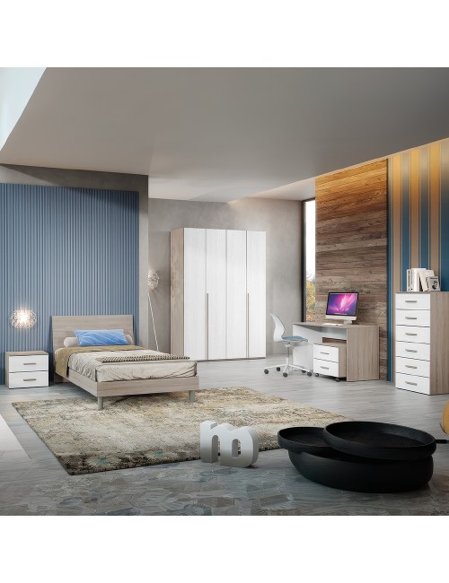 Cameretta Completa Joice02 con Letto 1 Piazza e Mezza, Armadio 4 Ante e Zona Studio - Olmo Perla e Larice Bianco