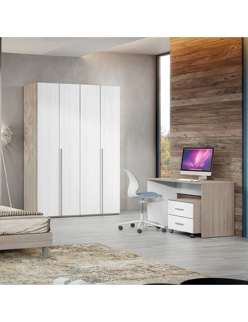 Cameretta Completa Joice02 con Letto 1 Piazza e Mezza, Armadio 4 Ante e Zona Studio - Olmo Perla e Larice Bianco