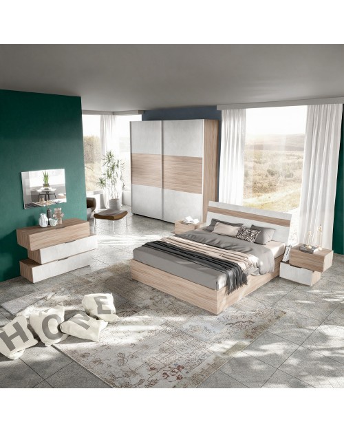 Camera da Letto Completa Ludovica con Armadio Scorrevole, Letto Contenitore e Moduli Bicolore Noce Chiaro e Bianco Spatolato