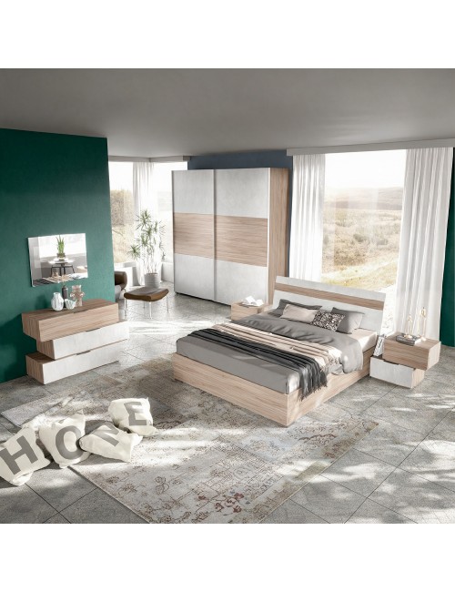 Camera da Letto Completa Ludovica con Armadio Scorrevole, Letto Contenitore e Moduli Bicolore Noce Chiaro e Bianco Spatolato