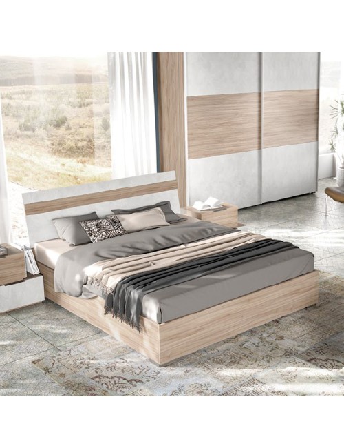 Camera da Letto Completa Ludovica con Armadio Scorrevole, Letto Contenitore e Moduli Bicolore Noce Chiaro e Bianco Spatolato