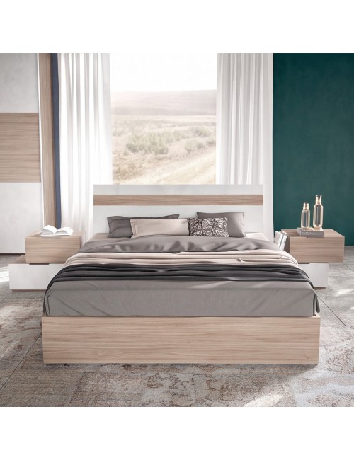 Camera da Letto Completa Ludovica con Armadio Scorrevole, Letto Contenitore e Moduli Bicolore Noce Chiaro e Bianco Spatolato